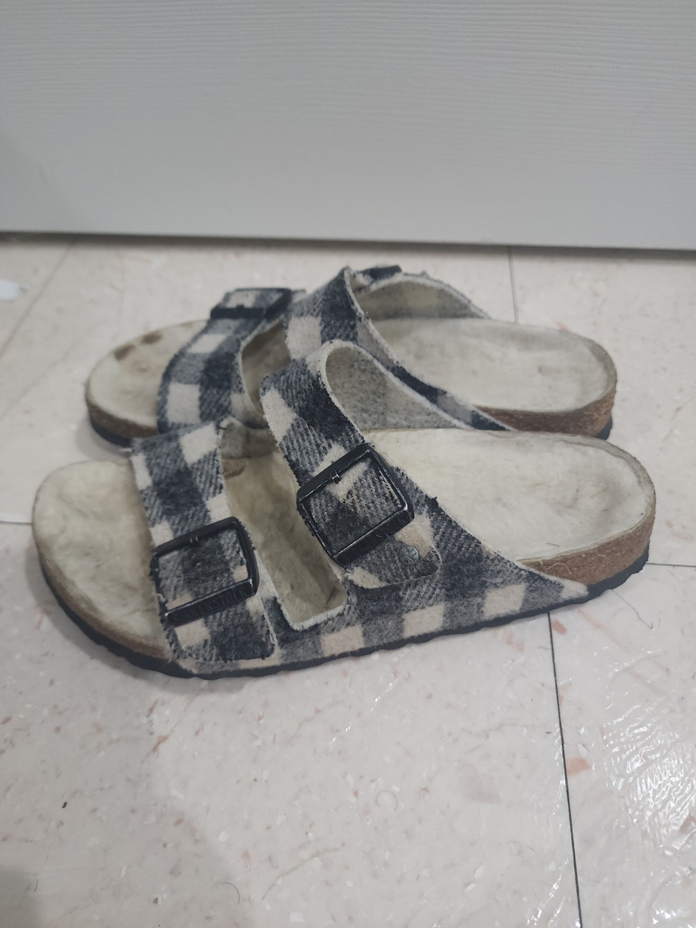Birkenstock Plaid Two-Strap Slide Sandals in Black and White